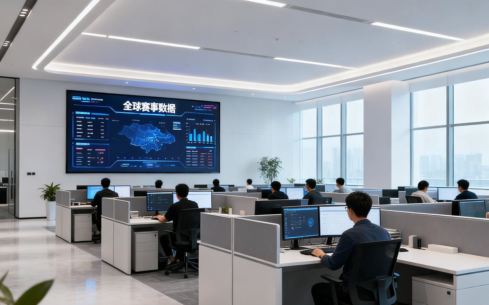 探球网现代化办公环境，开放式工位上员工们专注工作，墙上大屏幕实时显示全球赛事数据