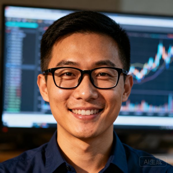 戴黑框眼镜的亚洲男性，面带自信微笑，短发干练，身穿深蓝色衬衫，身后是数据大屏